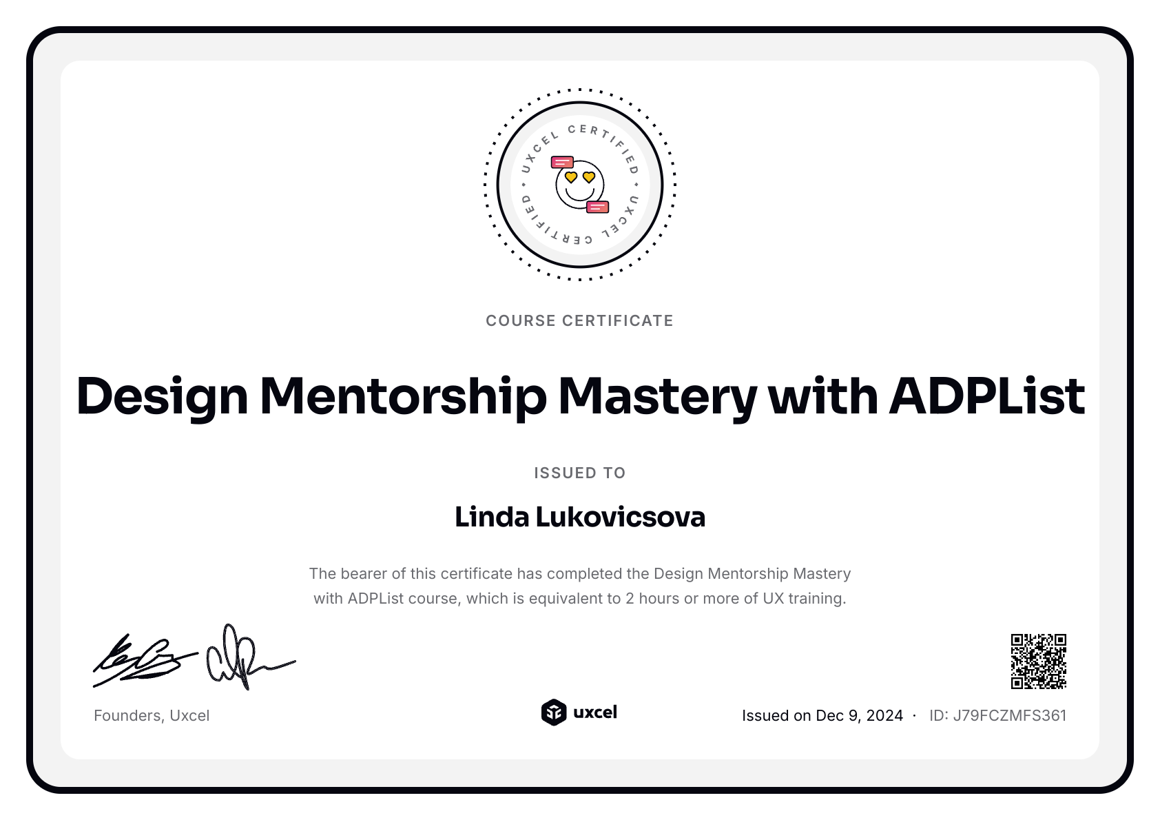 Linda Lukovicsova's certificate